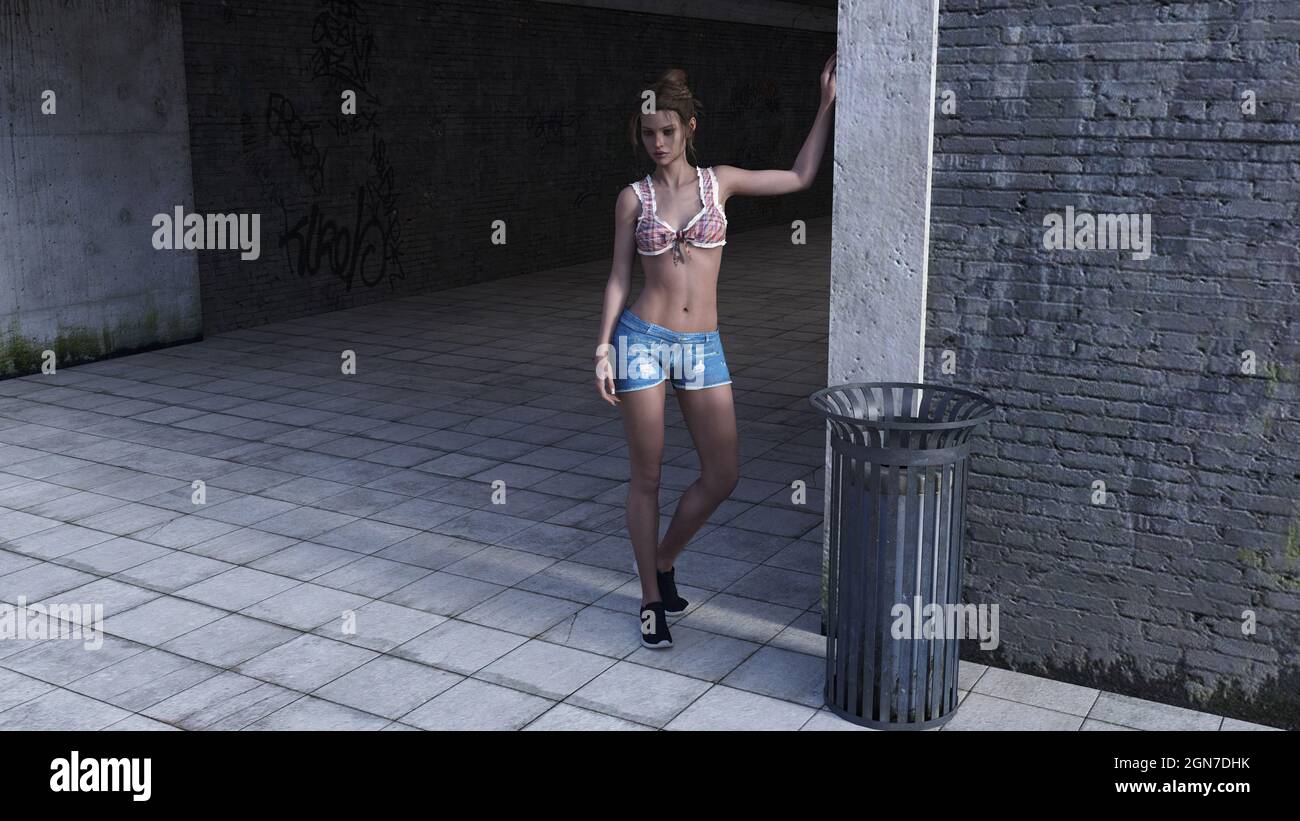 illustrazione in 3d di una donna in pantaloncini e di un tetto di halter che aspetta all'ingresso di un tunnel. Foto Stock