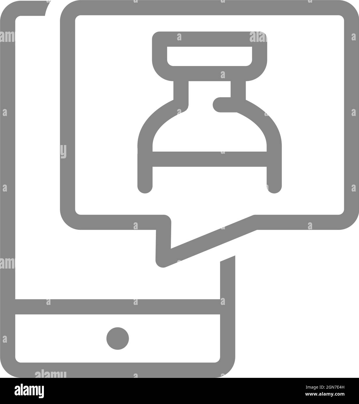 Ampolla medica nel buble vocale e icona della linea dello smartphone. Vaccinazione, informazioni sulla vaccinazione, simbolo di immunizzazione Illustrazione Vettoriale