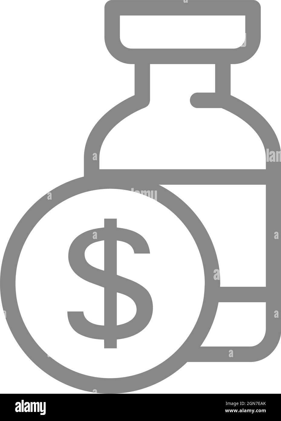 Fiala medica e moneta, icona della linea di denaro. Vaccinazione, spese mediche, vaccino a pagamento simbolo Illustrazione Vettoriale