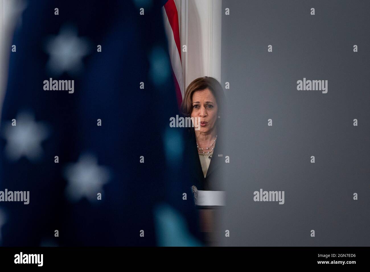 Il Vice Presidente Kamala Harris conduce una sessione al Vertice virtuale del COVID del Presidente sulla costruzione di un ritorno migliore e sulla preparazione e prevenzione delle future pandemie alla Casa Bianca di Washington, DC mercoledì 22 settembre 2021. Foto di Ken Cedeno/Pool/Sipa USA Foto Stock