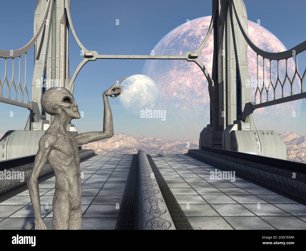 illustrazione in 3d di un alieno grigio che si appoggia verso la parte posteriore e che punta verso l'alto su un passaggio pedonale di un mondo alieno. Foto Stock