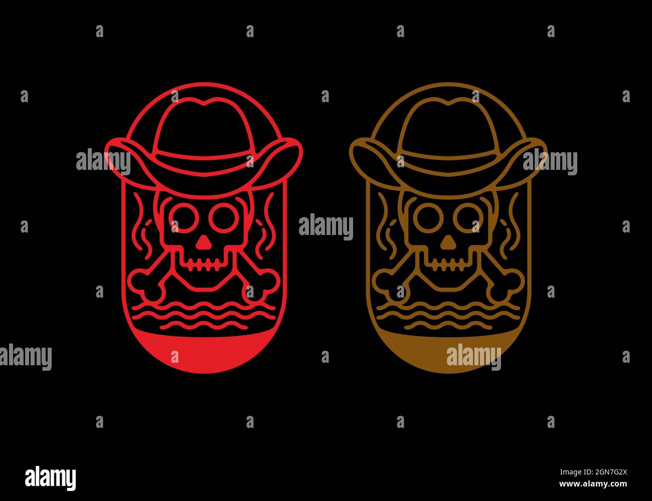 Line art del design del cranio e del cappello cowboy Illustrazione Vettoriale