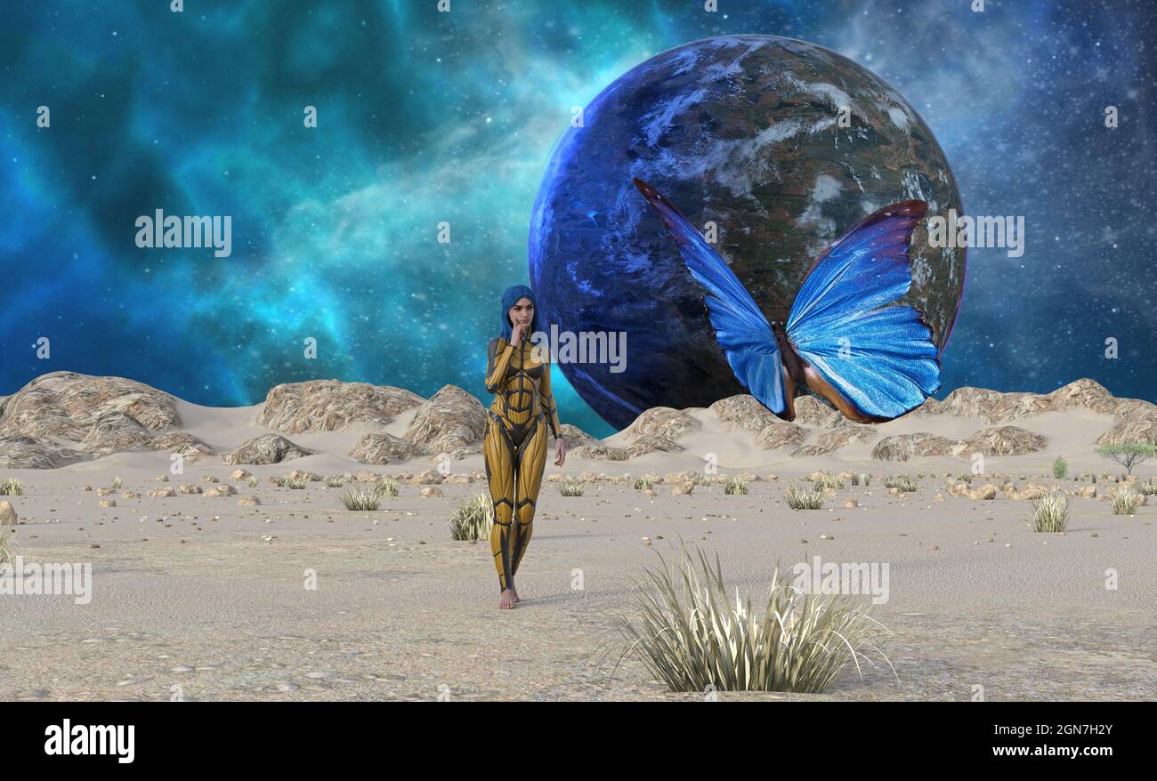 illustrazione 3d di una donna e farfalla su un pianeta arido con un grande pianeta e nebulosa sullo sfondo. Foto Stock