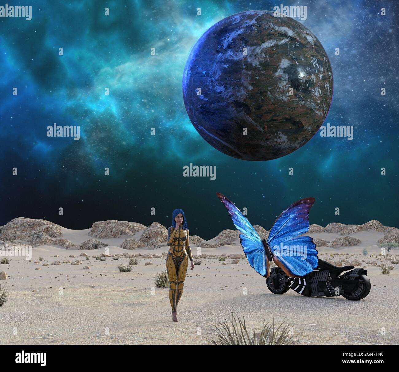illustrazione 3d di una donna con la sua moto e farfalla su un pianeta arido con un grande pianeta e nebulosa sullo sfondo. Foto Stock
