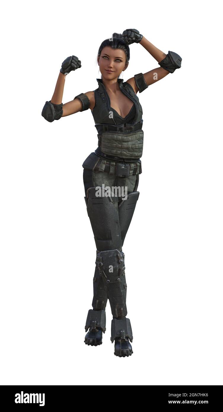 illustrazione in 3d di una donna in combattimento affaticati in una posa muscolare mentre sorride isolato su uno sfondo bianco. Foto Stock