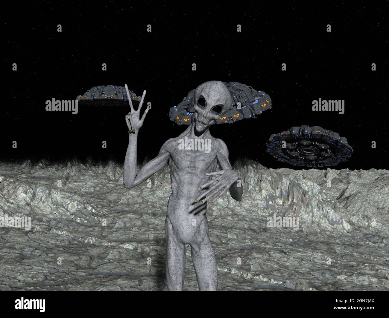 Illustrazione 3d di un alieno grigio che mostra un segno di pace con tre UFO sullo sfondo di un pianeta senza aria. Foto Stock