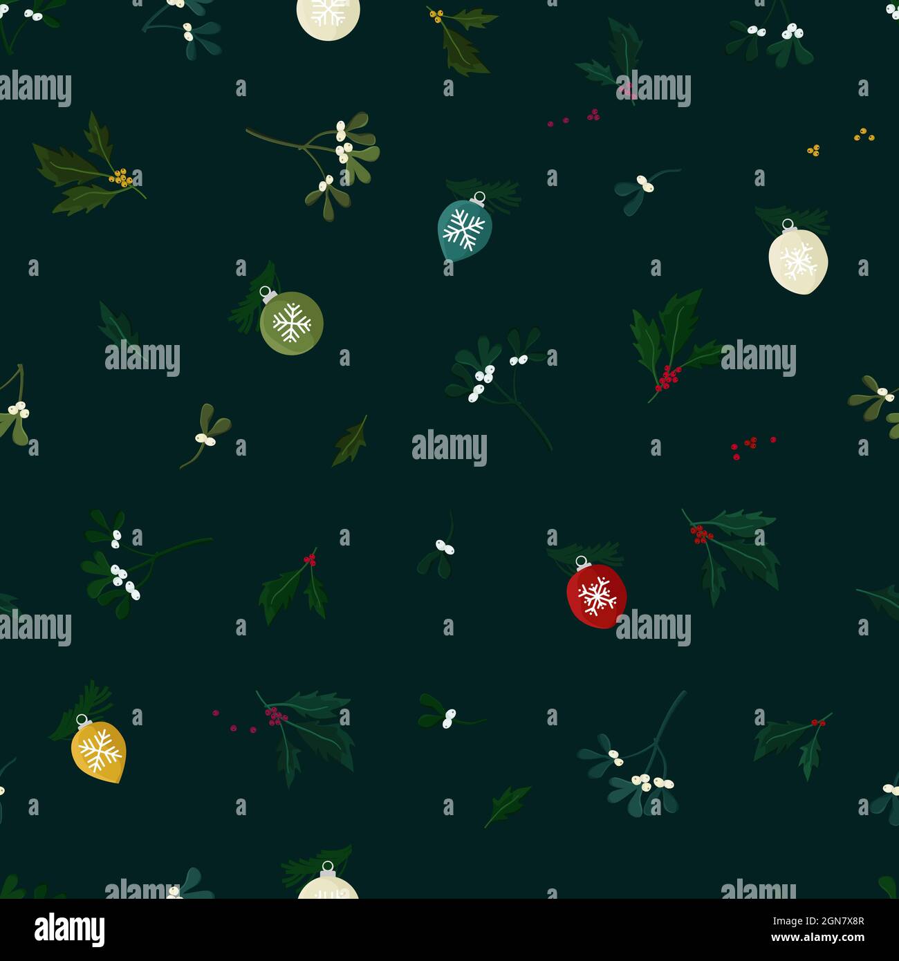 Vischio, albero di agrifoglio e palle di Natale - sfondo vettoriale Illustrazione Vettoriale