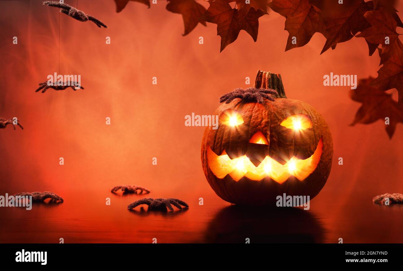 Biglietto d'auguri per Halloween con zucca scolpita e illuminata con ragni e sfondo rosso infernale. Vista frontale. Composizione orizzontale. Foto Stock