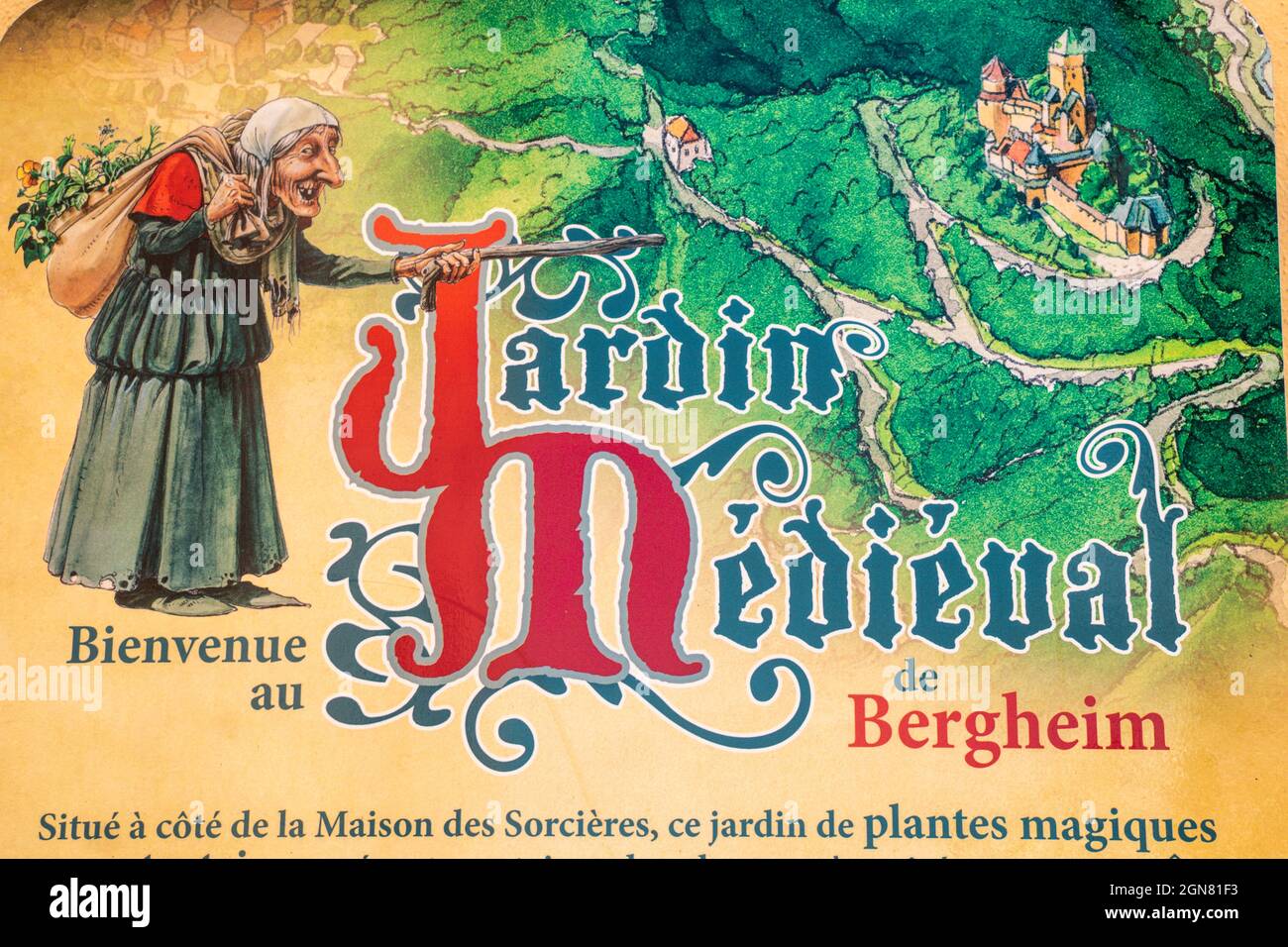 Bergheim an der elsässischen Weinstrasse , Schild zum Jardin Medieval de Berheim, Elsass, Alto Reno, Grand Est, Frankreich Foto Stock