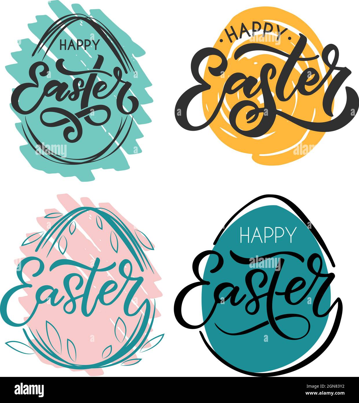 Mano abbozzato felice Pasqua testo come logotipo, badge e icona. Cartolina di Pasqua, biglietto, invito, volantino, modello di banner. Tipografia scritta di Pasqua Illustrazione Vettoriale