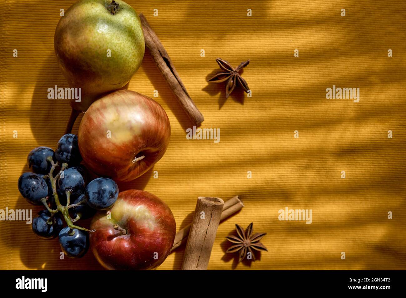 Cibo autunnale con spazio per la copia e ombre alla moda. Fotografia creativa della frutta: Gruppo di uve, mele, anice stellato e bastoncini di cannella. Vista dall'alto. Vitamine, concetto di cibo sano. Mood board autunnale. Foto Stock