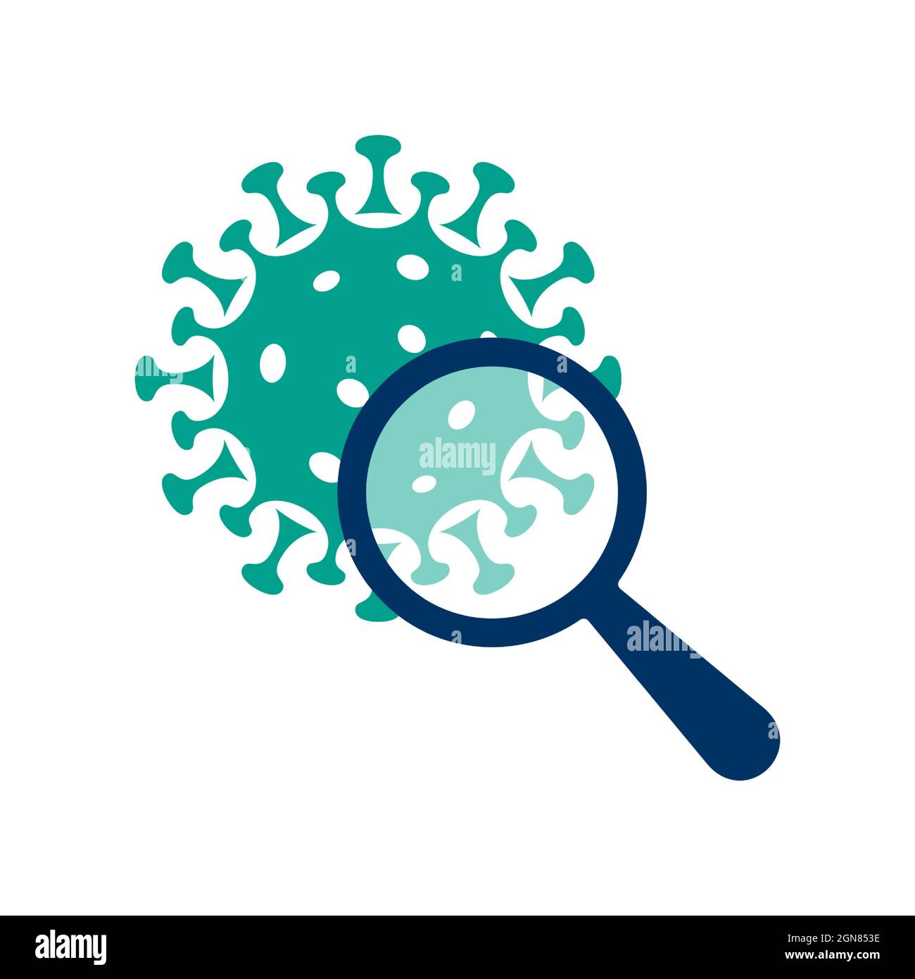 Virus sotto una lente di ingrandimento, icona del vettore scientifico. Icona del concetto di ricerca, studio o analisi di laboratorio della malattia. Illustrazione Vettoriale