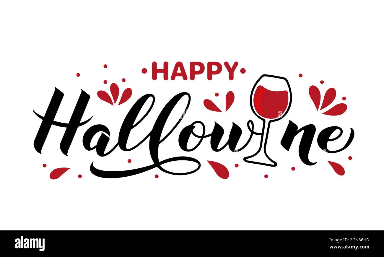 Divertente citazione del pun di Halloween. Allegra scritta calligrafica Hallowine con bicchiere di vino. Modello vettoriale per biglietti d'auguri, banner, poster tipografico, par Illustrazione Vettoriale