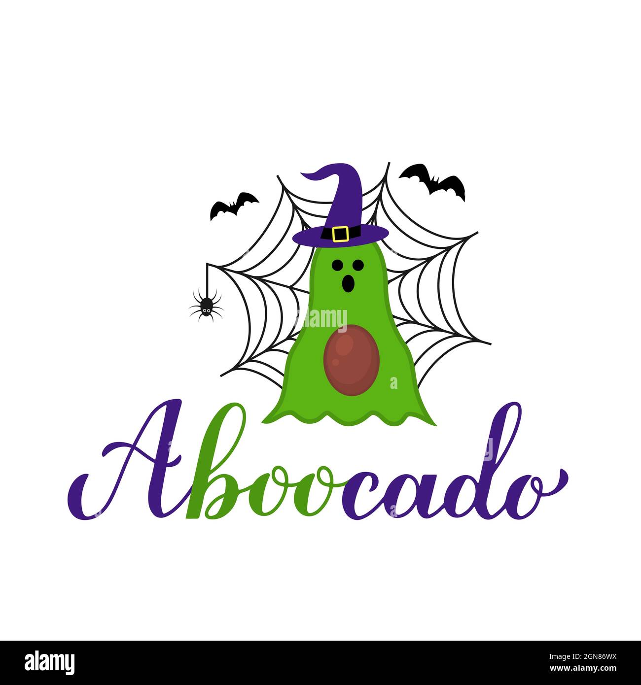 Lettere calligraphy di Aboocado. Divertente citazione del pun di Halloween. Simpatico personaggio fantasma avocado. Modello vettoriale per poster tipografico, biglietto d'auguri, banner, Illustrazione Vettoriale