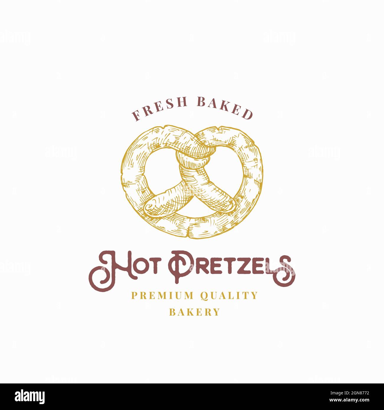 Modello di cartello, simbolo o logo Pretzels appena sfornato. Bagel e Typography disegnati a mano. Concetto di emblema Vector di prodotti da forno locali. Isolato Illustrazione Vettoriale