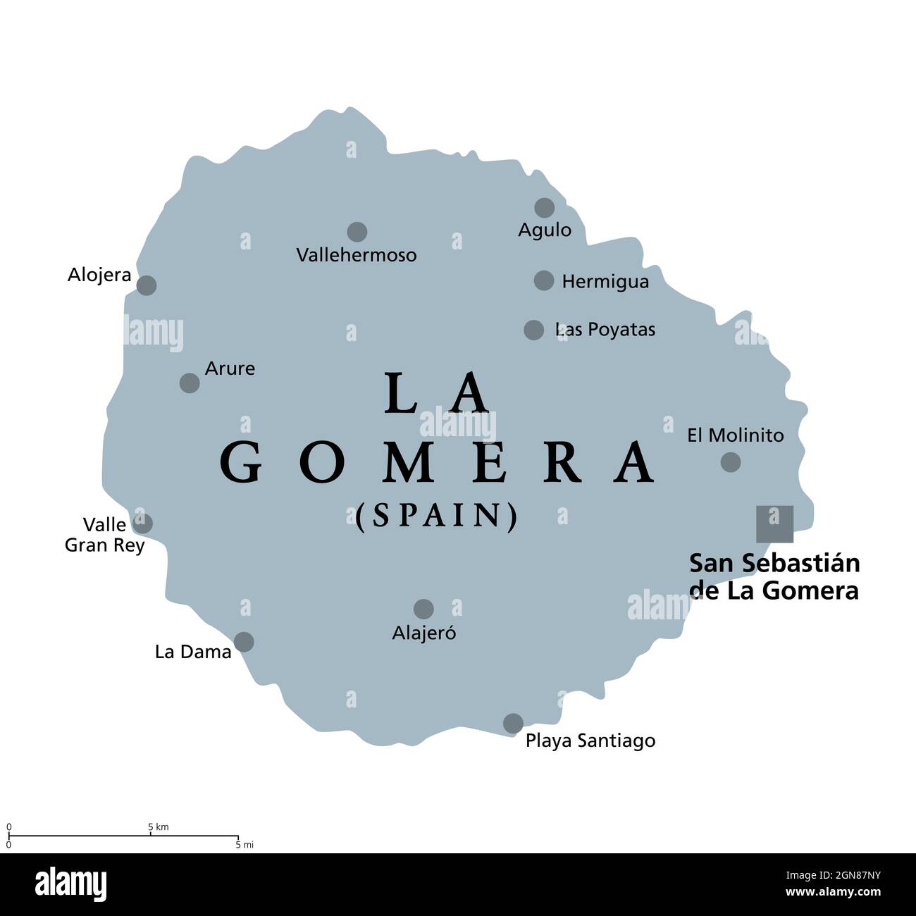 Isola di la Gomera, mappa politica grigia con la capitale San Sebastian de la Gomera. Parte delle Isole Canarie, un arcipelago e comunità autonoma della Spagna Foto Stock