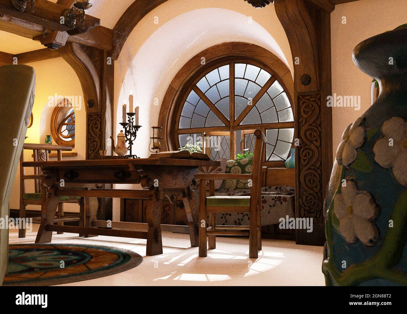 Grafica computerizzata 3d di un interno di una casa di hobbit a Hobbiton Foto Stock