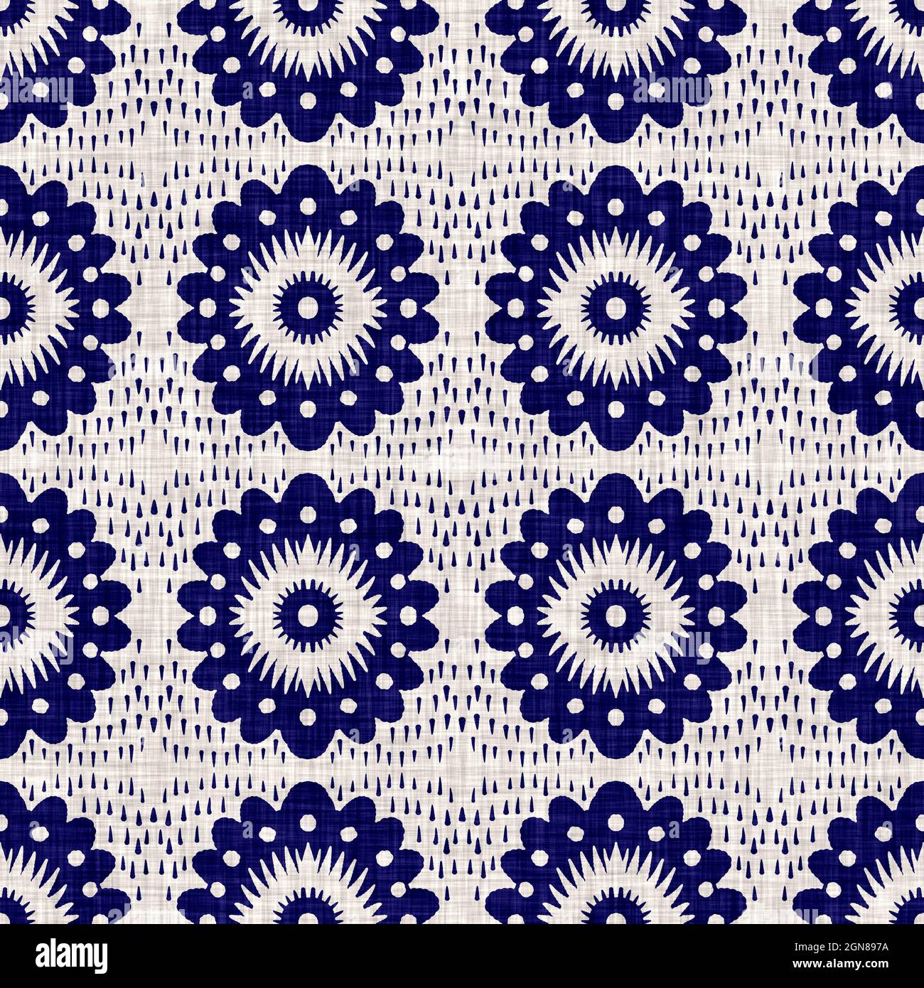 Indigo blu fiore blocco stampa tinta tessuto di lino sfondo. Campione giapponese di ripetizione batik tessuto senza cuciture. Sfocatura floreale organica afflosciata Foto Stock