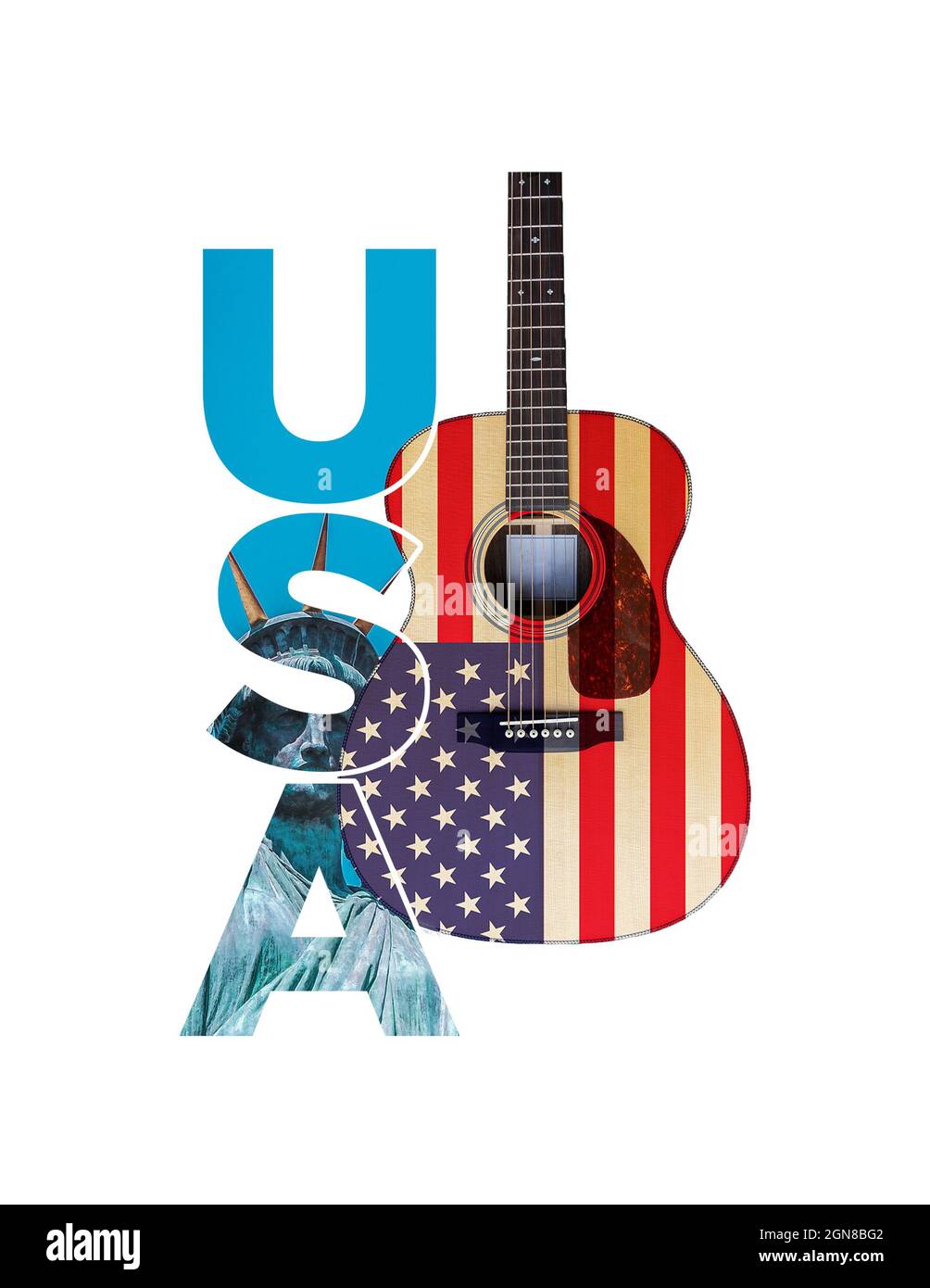 Le arti dello spettacolo a New York Stati Uniti d'America, la Statua della libertà, Star Spangled Banner e chitarra acustica su sfondo bianco Foto Stock
