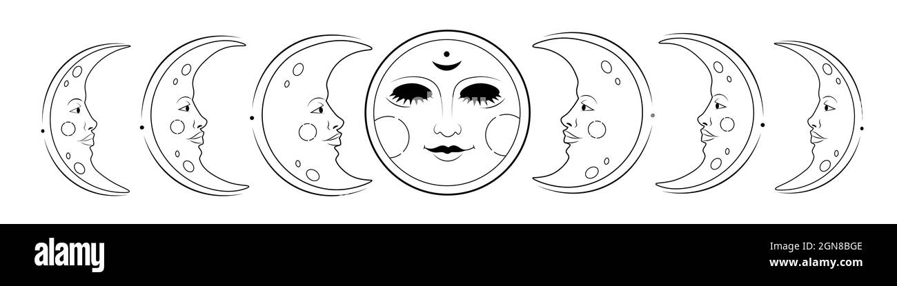 Le fasi lunari vintage vettoriali impostano un contorno nero Illustrazione Vettoriale
