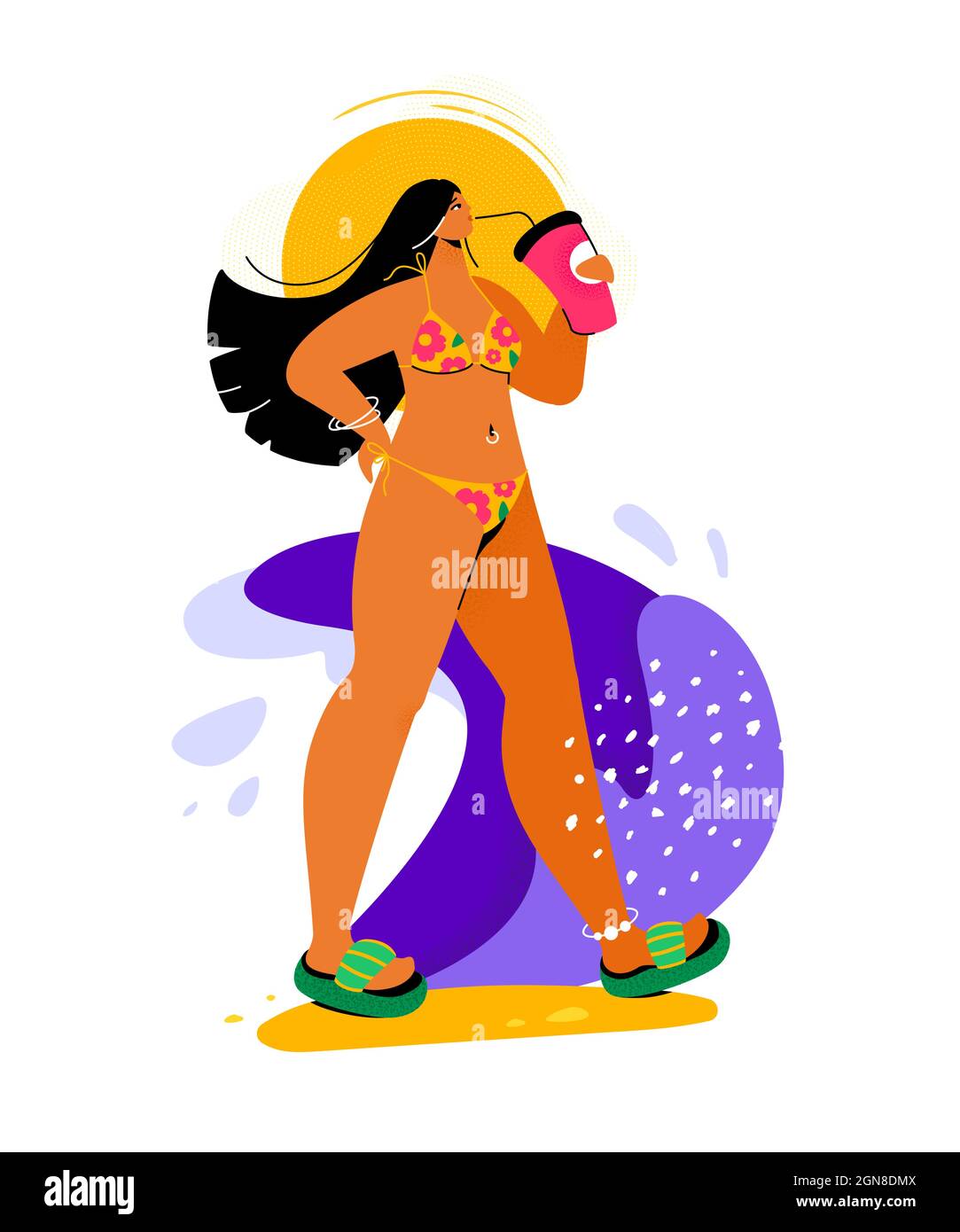 Ragazza che beve un cocktail - colorata illustrazione di stile di disegno piatto con un carattere di cartone animato. Donna forte indipendente bella in costume da bagno. Giorno di sole Illustrazione Vettoriale