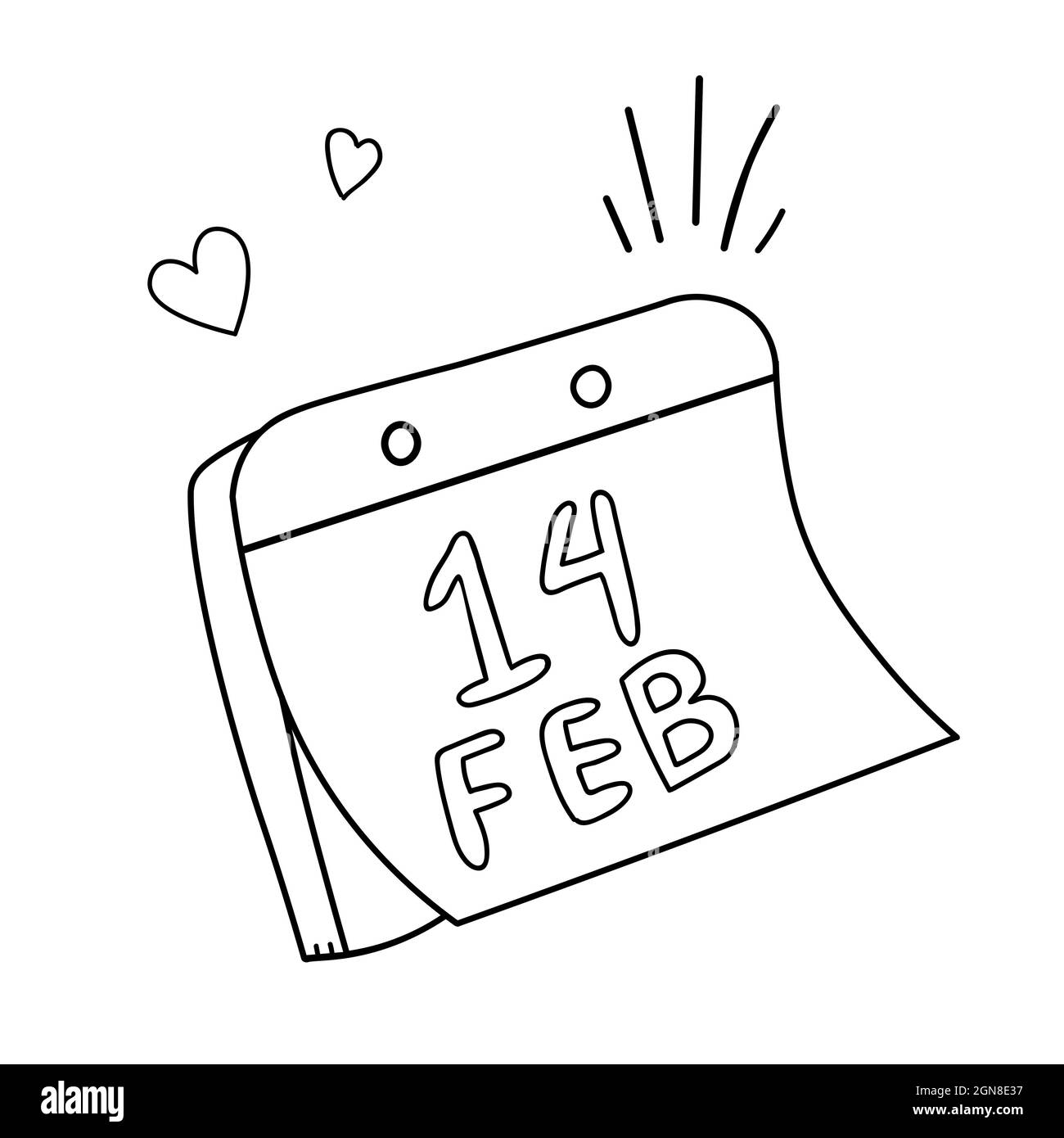 Calendario delle vacanze con iscrizione Febbraio 14. Illustrazione vettoriale in stile doodle isolato su sfondo bianco. Pagina di calendario, giorno di San Valentino. Illustrazione Vettoriale