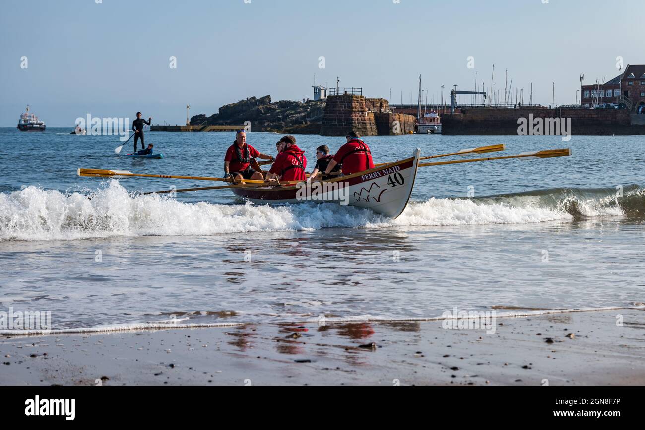 Squadra di canottaggio costiero nella barca da sci di St Ayle a Regatta, North Berwick, East Lothian, Scozia, Regno Unito Foto Stock