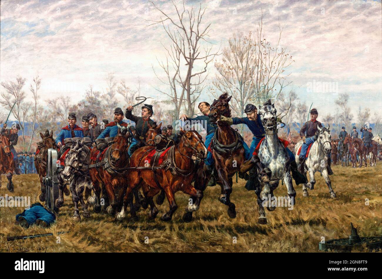 William B. T. Trego. Dipinto dal titolo "batteria, avanti! (Noto anche come portare la batteria, artiglieria al fronte, scena di battaglia della Guerra civile) dall'artista americano William Brooke Thomas Trego (1858-1909), olio su tela, 1887 Foto Stock