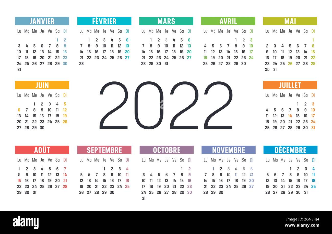 Anno 2022 una pagina calendario colorato, in francese, su sfondo bianco. Modello vettoriale. Illustrazione Vettoriale