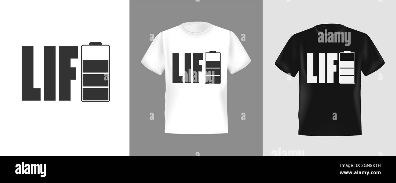 Icona della batteria a energia per t-shirt, illustrazione vettoriale. Adatto per le aziende di stampa di abbigliamento. Elegante t-shirt e design di abbigliamento. Vita letteri Illustrazione Vettoriale