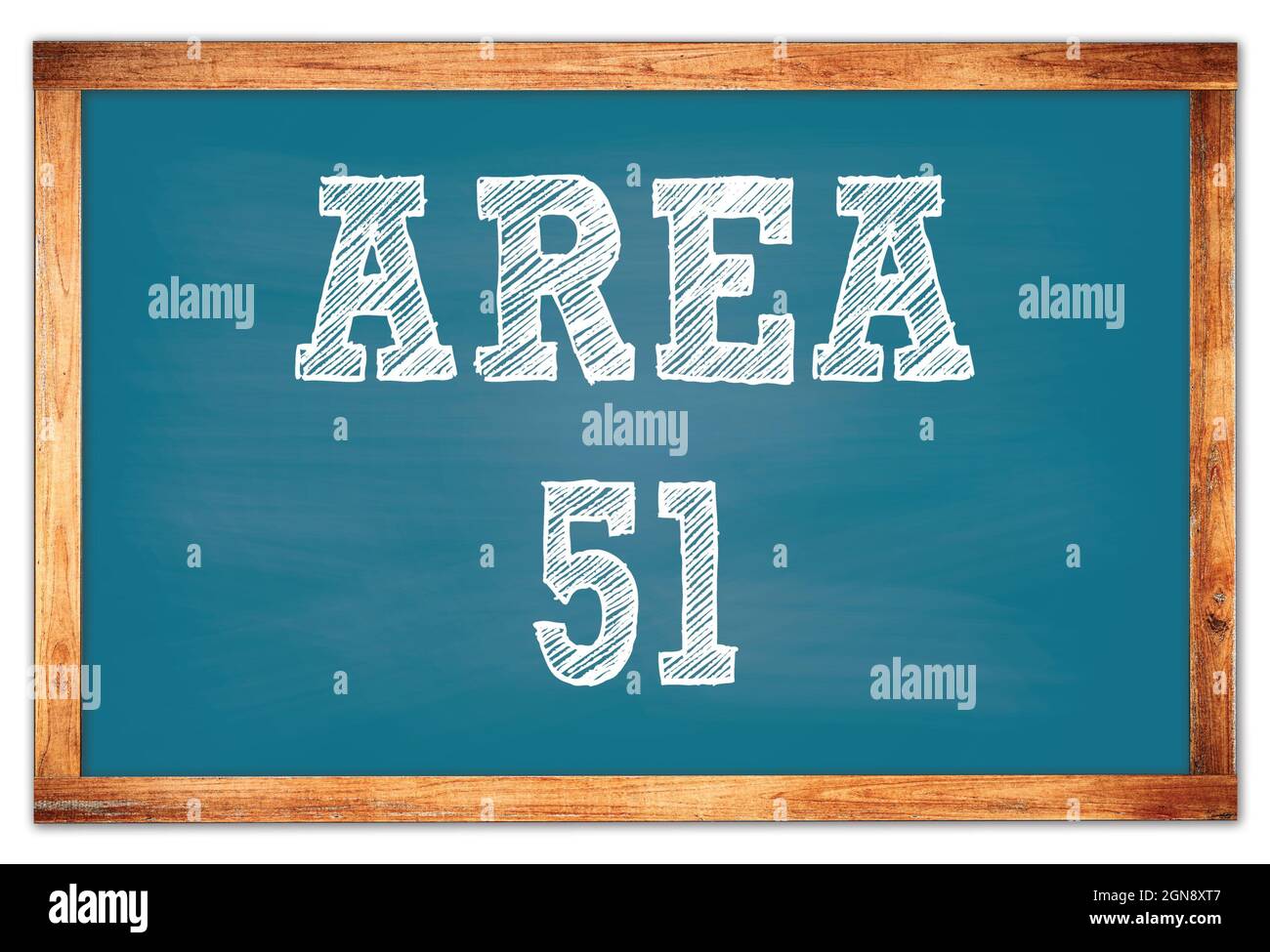 AREA 51 scritta su lavagna scuola con cornice di legno blu Foto stock -  Alamy