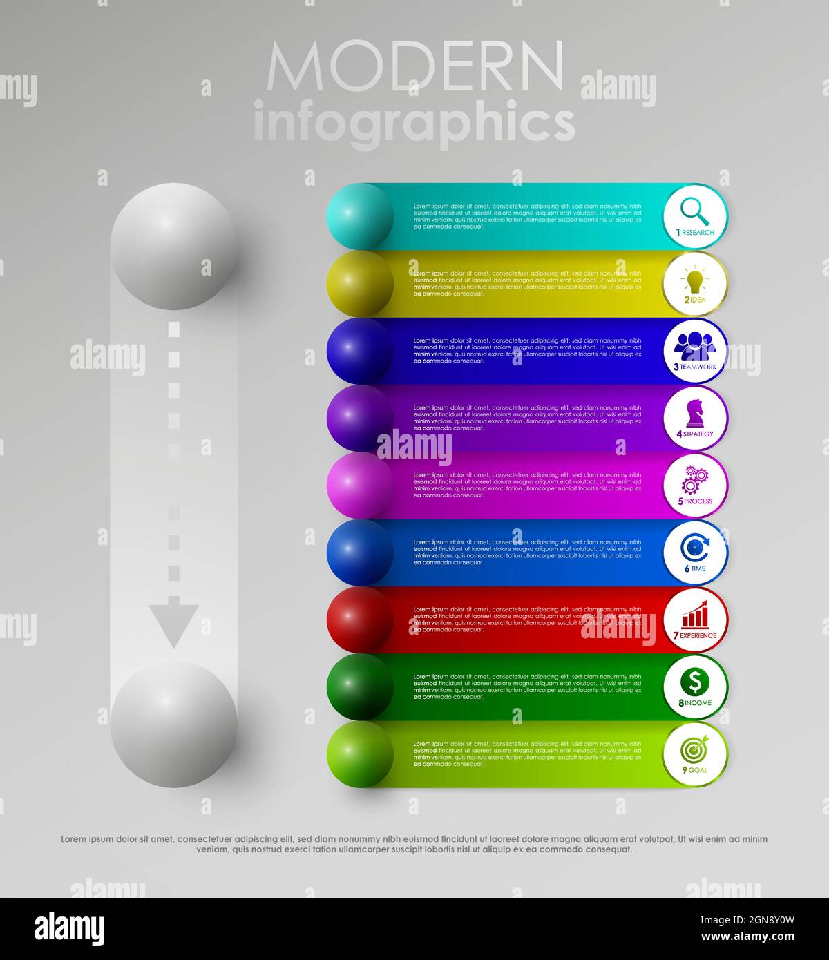 Illustrazione del vettore EPS10. Processo infografico aziendale con elementi realistici. Impact template design con icone e 9 passaggi. Illustrazione Vettoriale