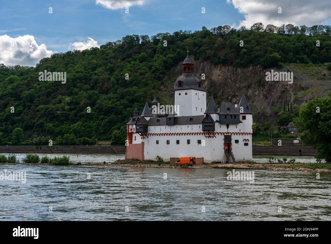 Vista panoramica del Castello di Pfalzgrafenstein nel Reno vicino a Kaub in Germania. Foto Stock