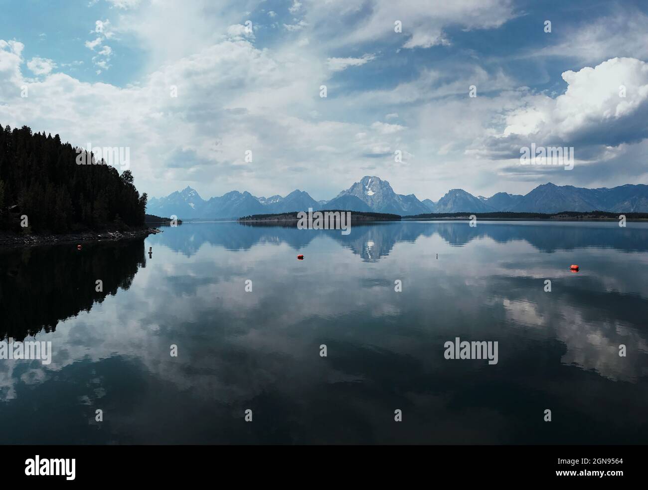 Un ampio angolo di vista del Lago Jackson con il Grand Teton Foto Stock