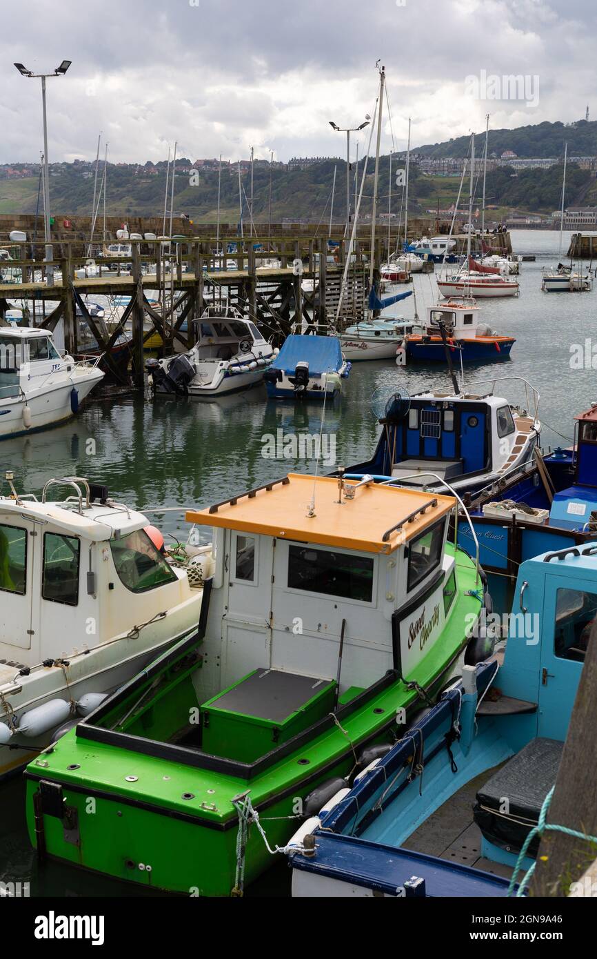 Porto di Scarborough, barche di ormeggiato nel porto Foto Stock