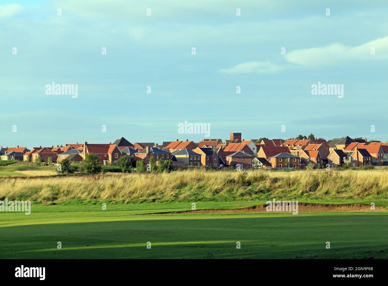 Butterfield Meadow, Heacham, Hunstanton, sviluppo di nuovi alloggi, estate, Su un terreno precedentemente agricolo, scomparendo rurale Inghilterra Foto Stock