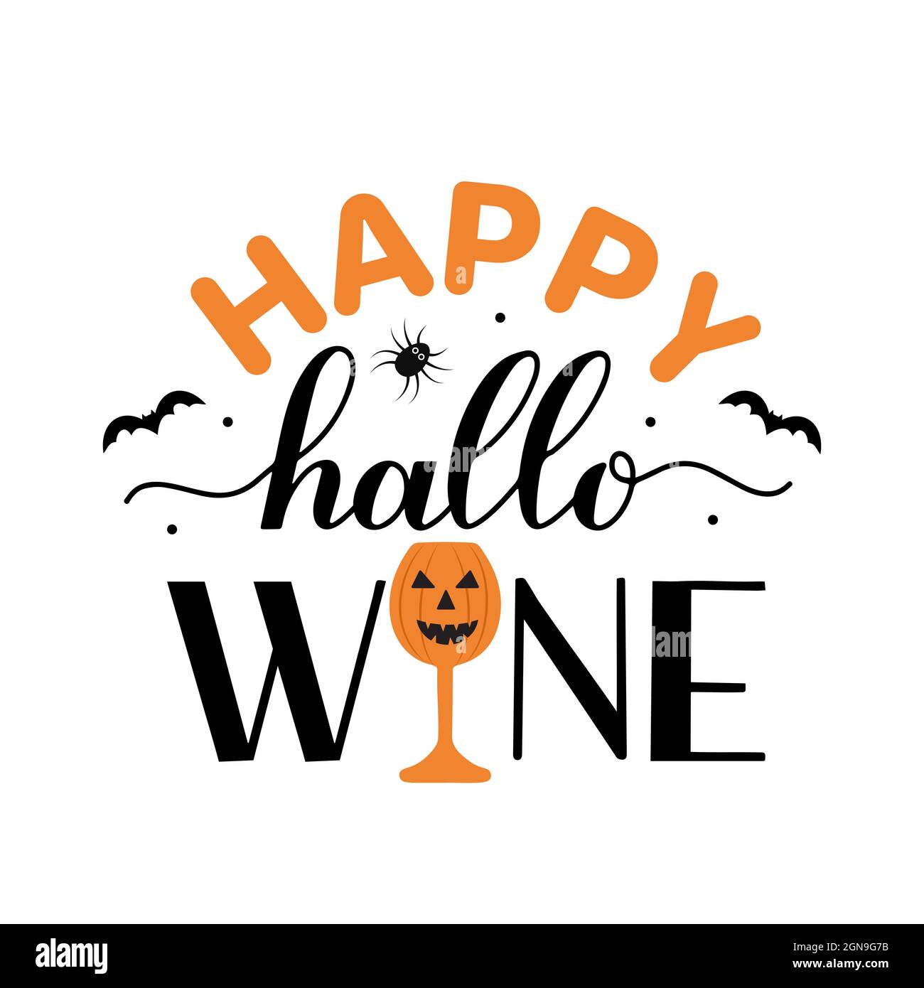 Divertente citazione del pun di Halloween. Allegra scritta calligrafica Hallowine con bicchiere di vino. Modello vettoriale per poster tipografico, biglietto d'auguri, banner, par Illustrazione Vettoriale