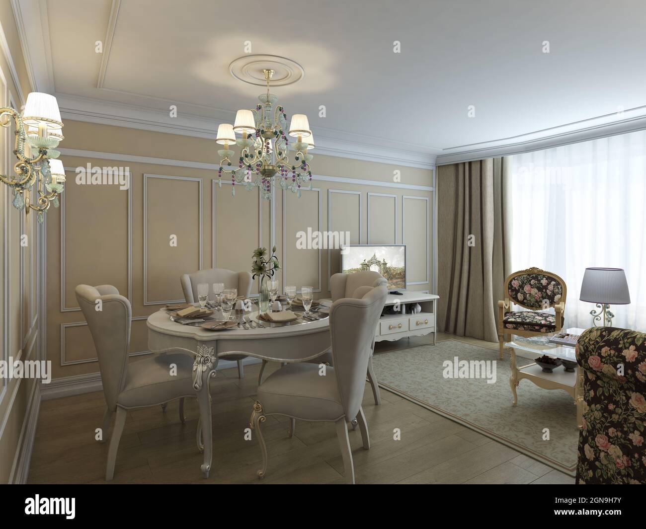 Un lussuoso soggiorno in stile classico con pareti beige, arredi classici, stampaggio bianco, lampadari e un tappeto sul pavimento in legno. 6K Foto Stock