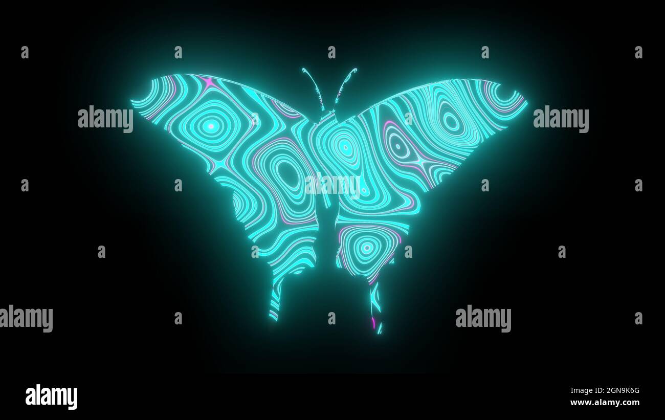 Sfondo nero con una farfalla astratta al neon illuminata Foto Stock