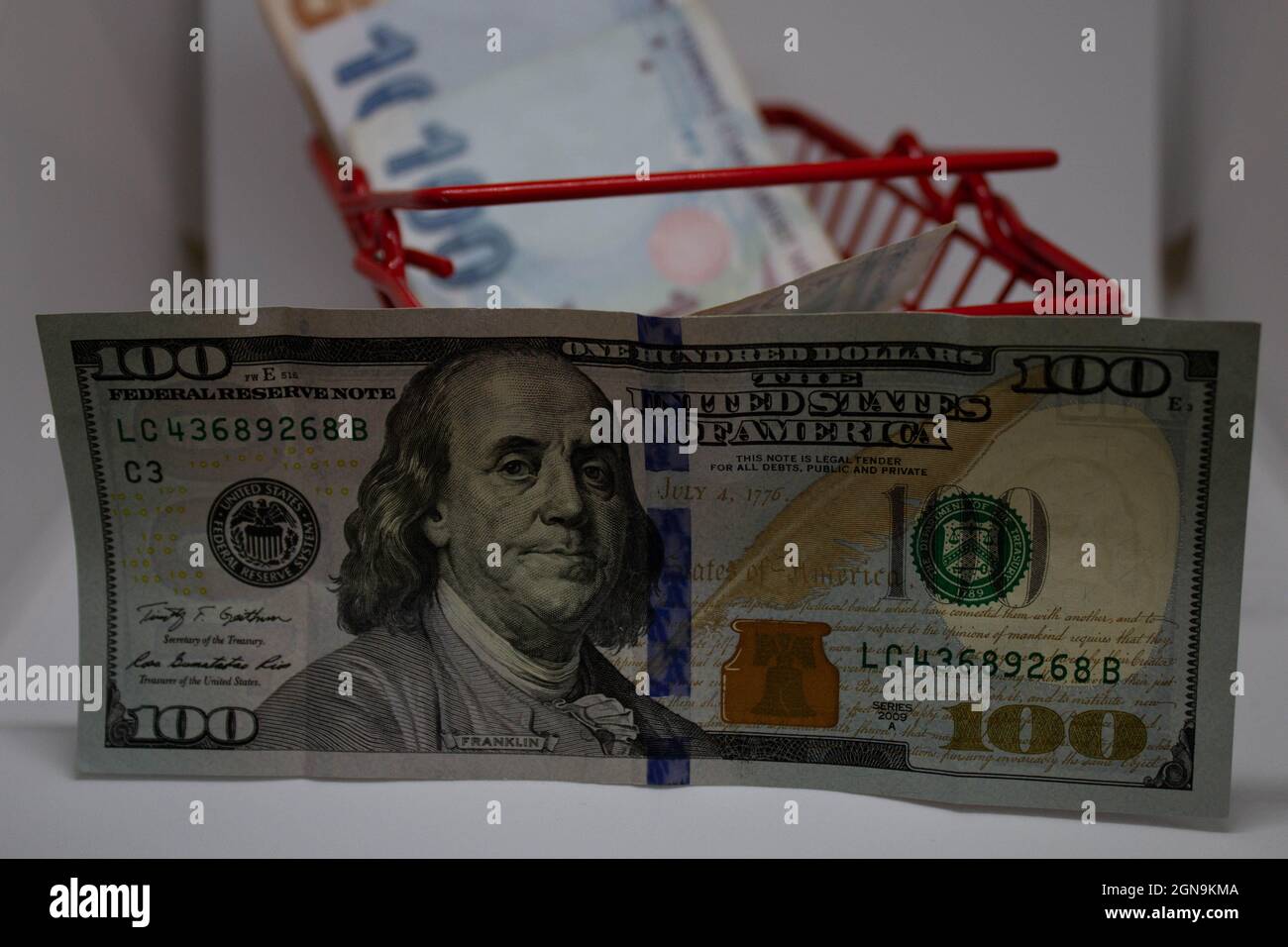 100 dollari di fattura di fronte a lire turche in un carrello rosso shopping. Mostrare quanto sia prezioso il dollaro contro la lira. La lira turca è molto bassa in acquisto po Foto Stock