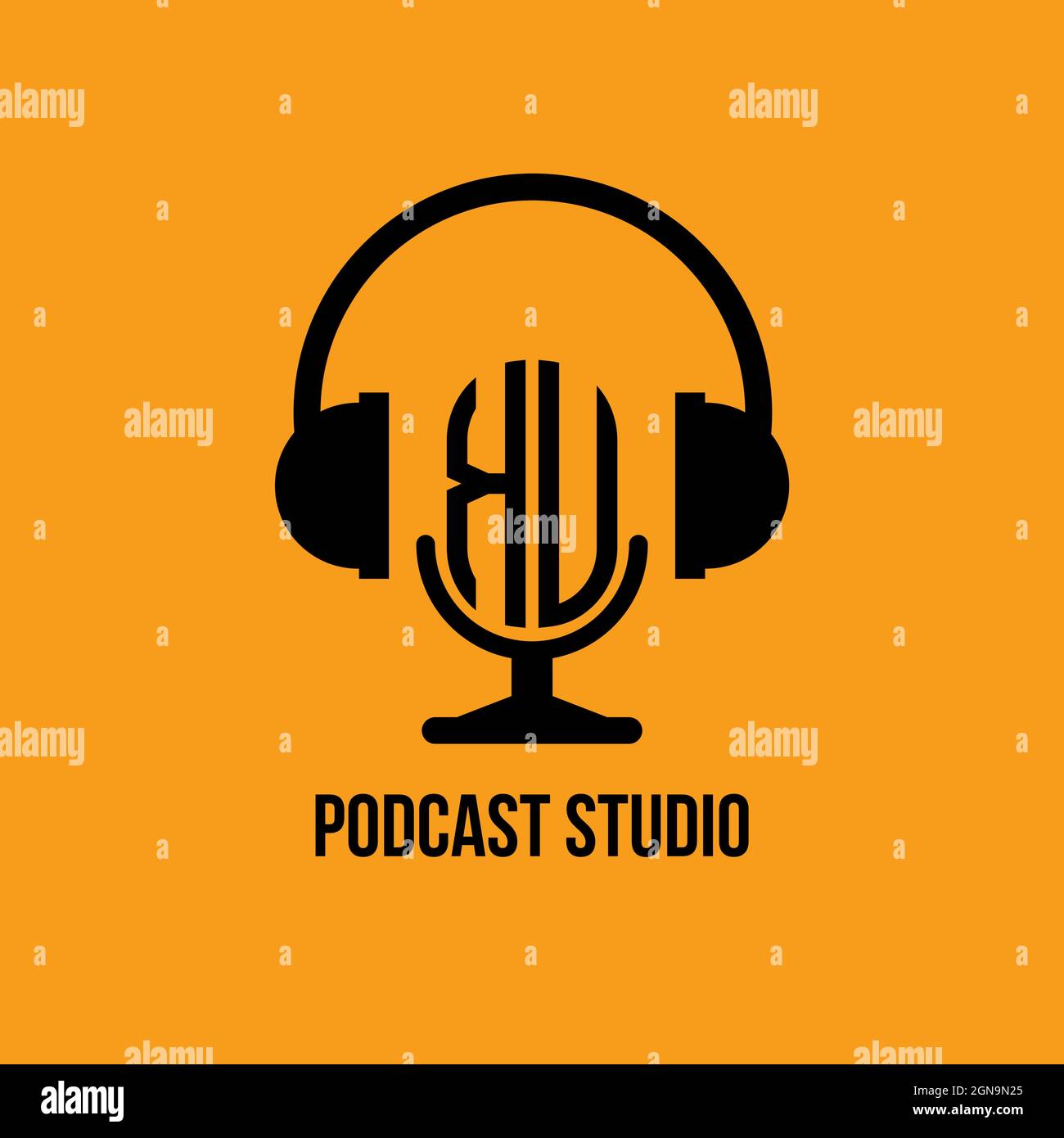 Lettera con logo KU Monogram per cuffie e microfono, formato vettoriale, logo Podcast Studio Illustrazione Vettoriale