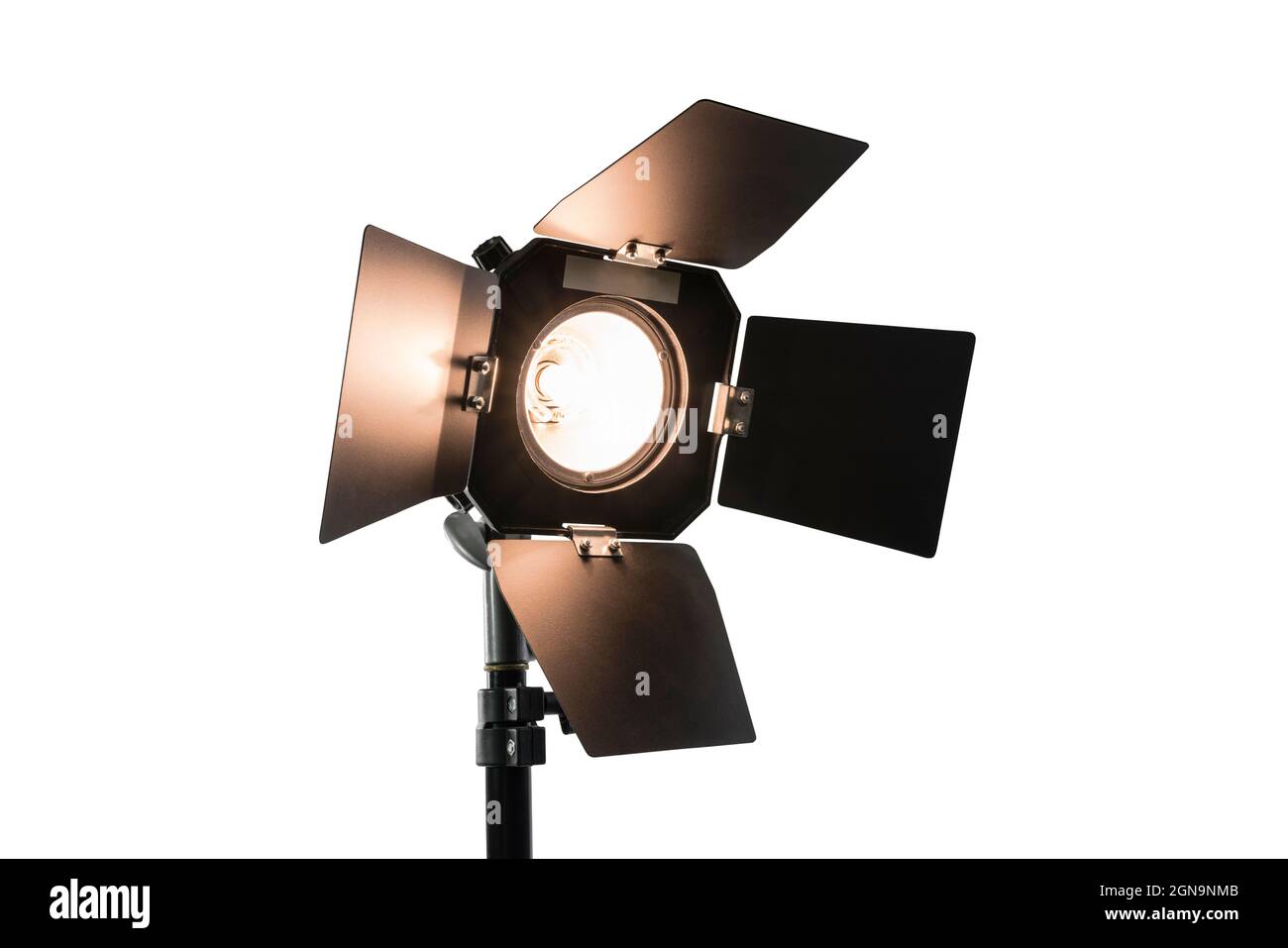 Luminosa luce da studio con porte di fienile isolate su bianco. Foto Stock