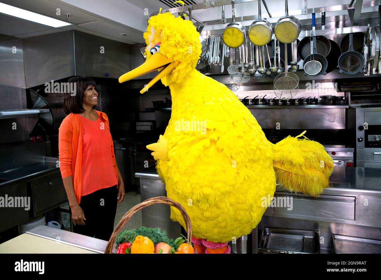 First Lady Michelle Obama partecipa a una “Let’s Move!” E 'Sesame Street' annuncio del servizio pubblico registrato con Big Bird in The White House Kitchen, 13 febbraio 2013. (Foto ufficiale della Casa Bianca di Lawrence Jackson) questa fotografia ufficiale della Casa Bianca è resa disponibile solo per la pubblicazione da parte delle organizzazioni di notizie e/o per uso personale per la stampa da parte del soggetto(i) della fotografia. La fotografia non può essere manipolata in alcun modo e non può essere utilizzata in materiali commerciali o politici, pubblicità, e-mail, prodotti, promozioni che in alcun modo suggeriscono l'approvazione o l'approvazione del Foto Stock