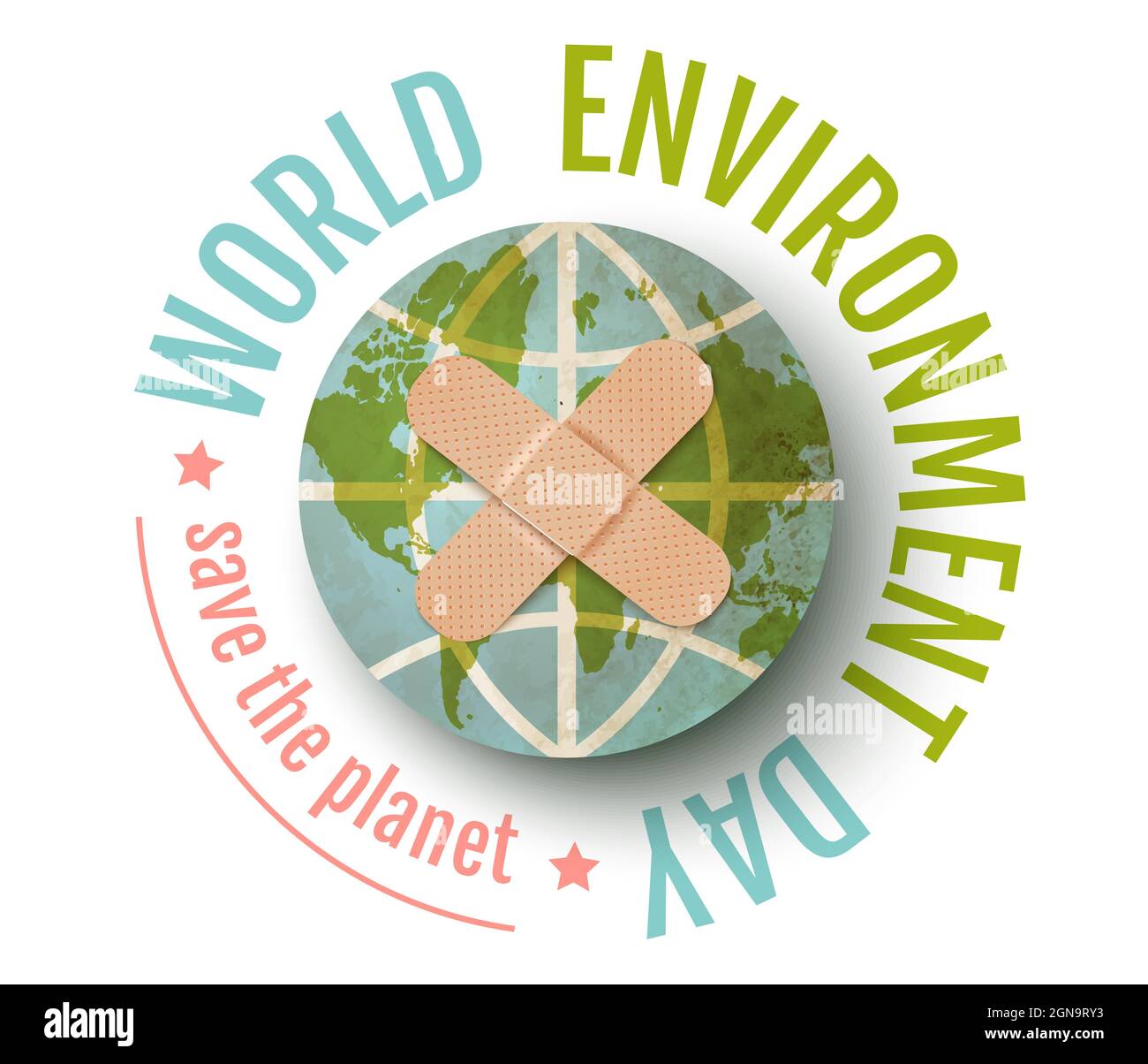 Illustrazione vettoriale del pianeta Terra con cerotto adesivo. Vintage Vector illustration of Earth Planet with Aid band for World Environment Day. Illustrazione Vettoriale