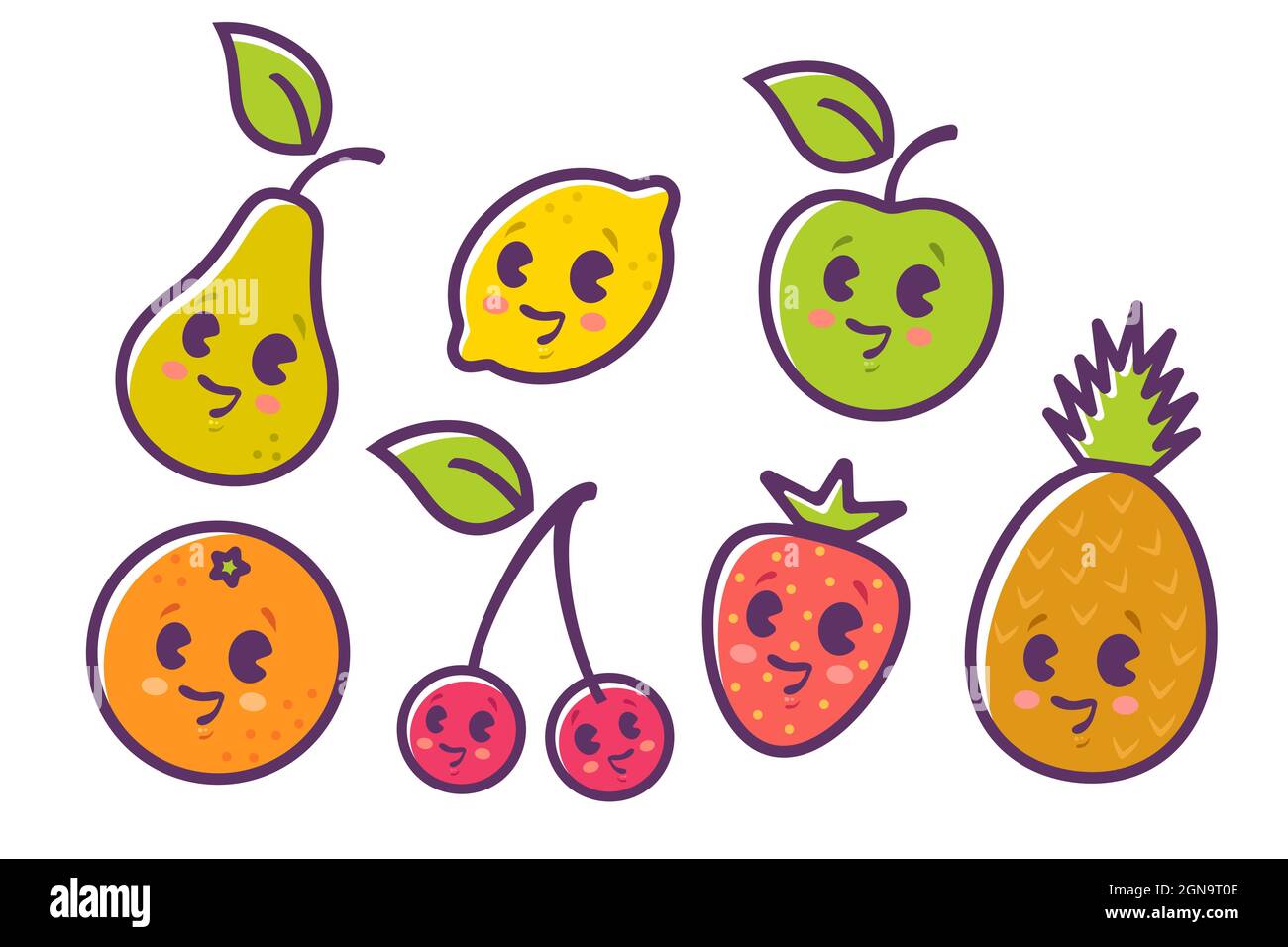 Illustrazione piatta del set vettoriale di un frutto in stile kawaii. Frutta e frutti di bosco carini in stile manga. Illustrazione Vettoriale