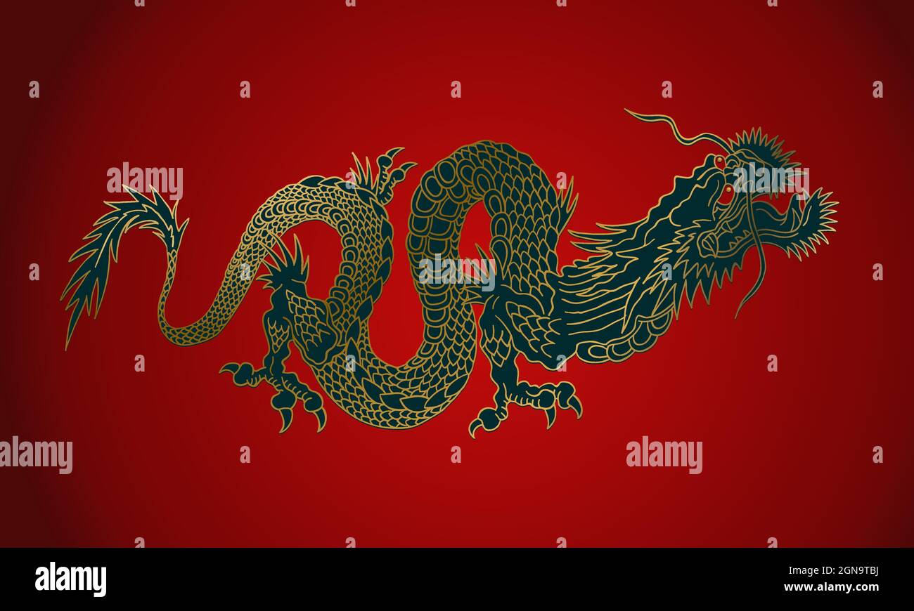 Illustrazione vettoriale di un drago d'oro cinese. Drago asiatico dorato su sfondo rosso. Illustrazione Vettoriale