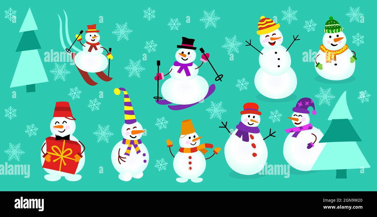 Collezioni icone di diversi pupazzi di neve. Snowman con un regalo, sugli sci Illustrazione Vettoriale