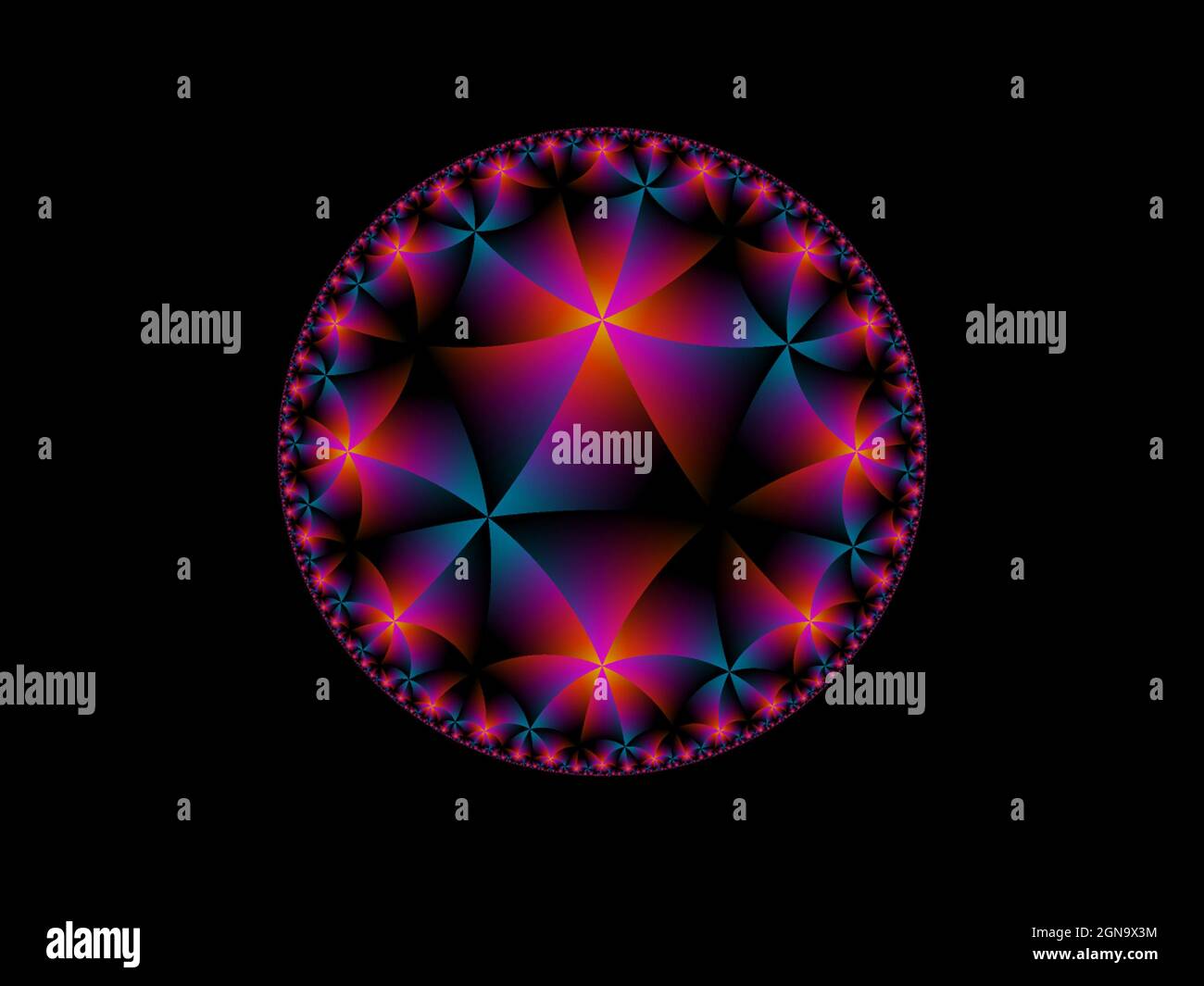 Sfondo astratto, sfumatura geometrica nero rosa ciano brillante cerchio motivo ornamento vibrante Foto Stock