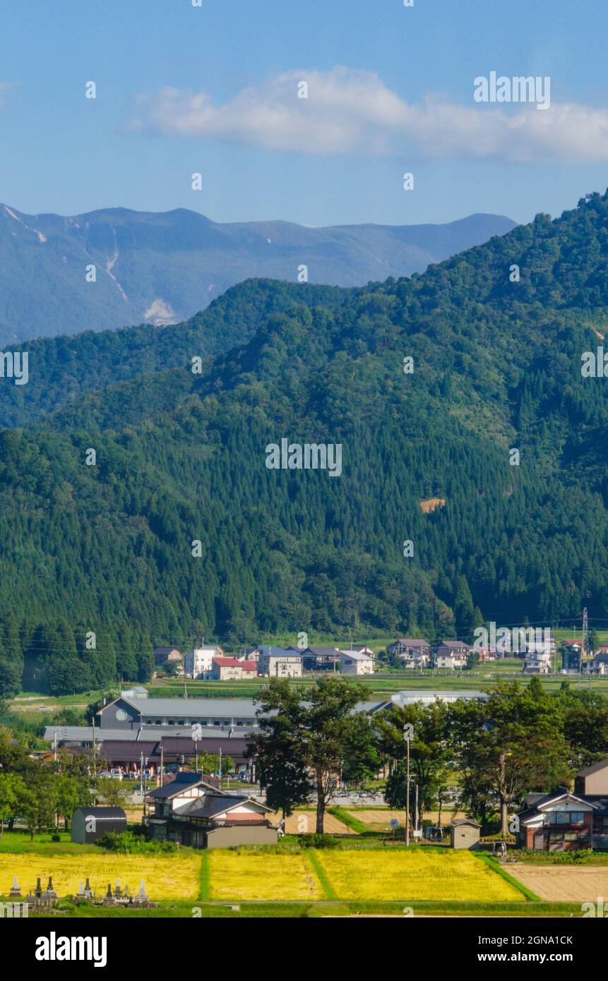 Rurale, giapponese, villaggi di montagna, campagna, Giappone centrale, panoramica, paesaggio, montagne Foto Stock