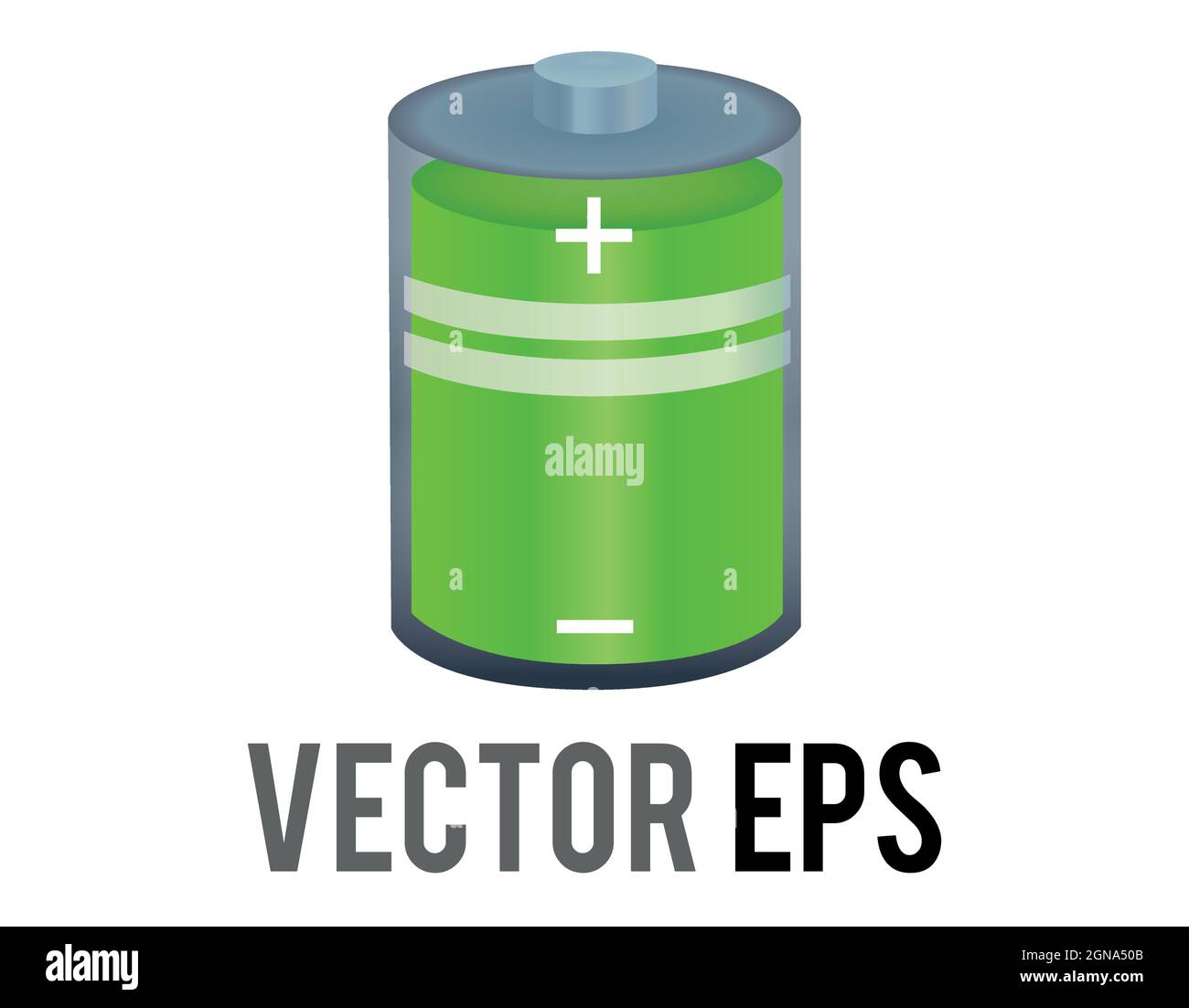 L'icona della cella della batteria di ricarica del cilindro verde vettoriale isolato con il simbolo del segno più, meno Illustrazione Vettoriale